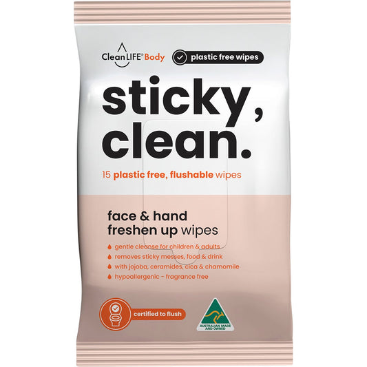 CleanLIFE Sticky Clean Flushable Plastic Free Wipes 15pk - CleanLIFE