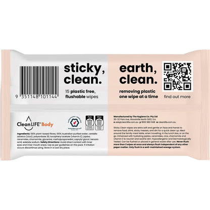 CleanLIFE Sticky Clean Flushable Plastic Free Wipes 15pk - CleanLIFE