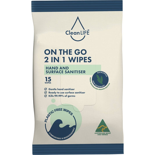 CleanLIFE 2 In 1 Plastic Free Wipes Hand and Surface Sanitiser 15pk - CleanLIFE