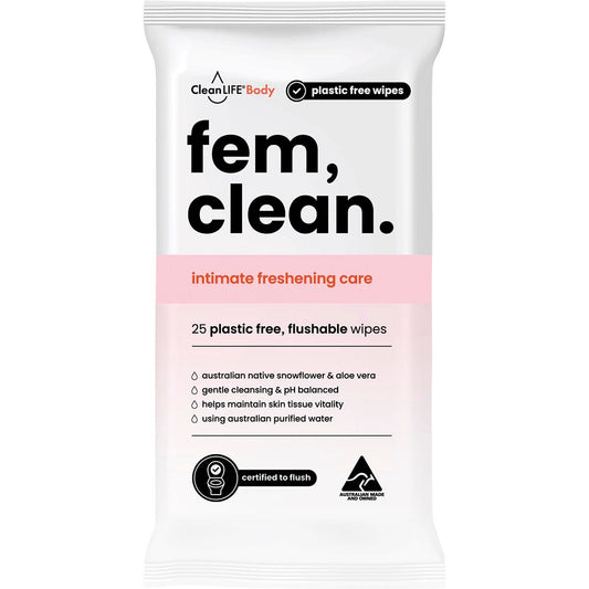 CleanLIFE Fem Clean Intimate Flushable Plastic Free Wipes 25pk - CleanLIFE