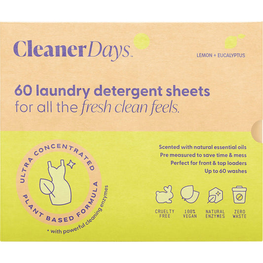 Cleaner Days Laundry Detergent Sheets Lemon + Eucalyptus 60pcs - Cleaner Days