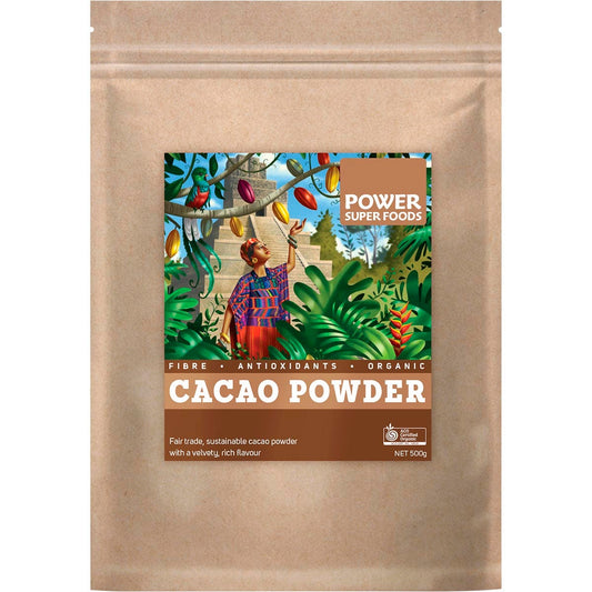 Power Super Foods Cacao Powder Kraft Bag Certified Organic 500g - Power Super Foods