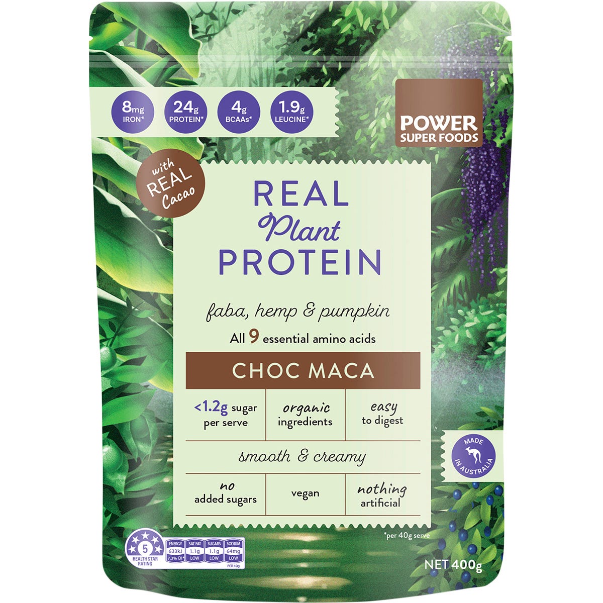 Power Super Foods Real Plant Protein Choc Maca 400g - Power Super Foods