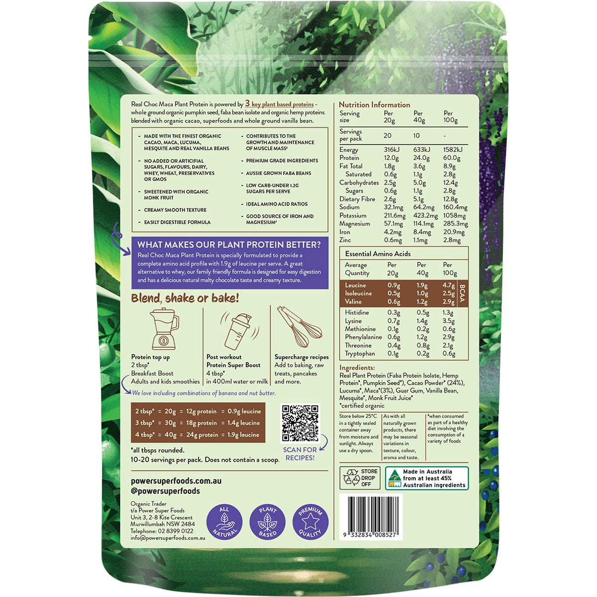 Power Super Foods Real Plant Protein Choc Maca 400g - Power Super Foods