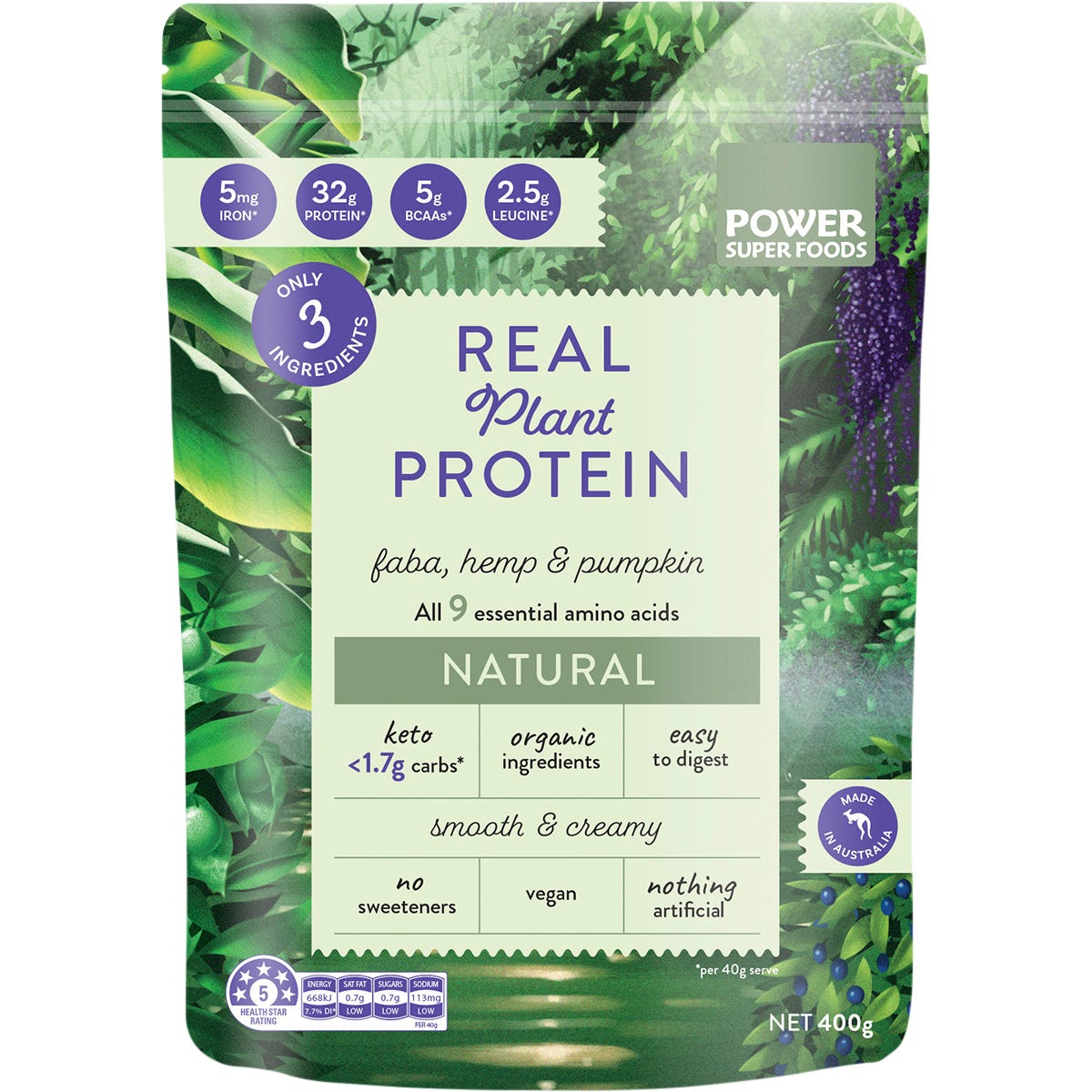 Power Super Foods Real Plant Protein Natural 400g - Power Super Foods