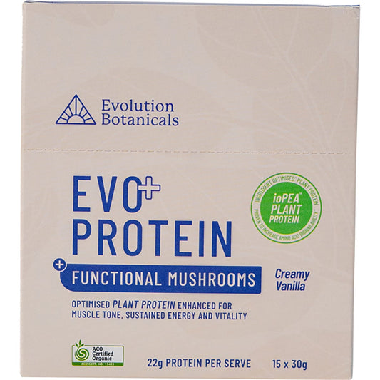 Evolution Botanicals EVO+ Protein Functional Mushrooms Creamy Vanilla 15x30g - Evolution Botanicals