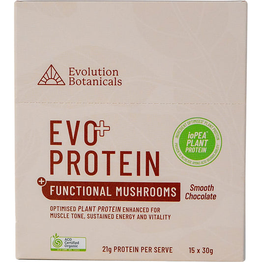 Evolution Botanicals EVO+ Protein Functional Mushrooms Smooth Chocolate 15x30g - Evolution Botanicals