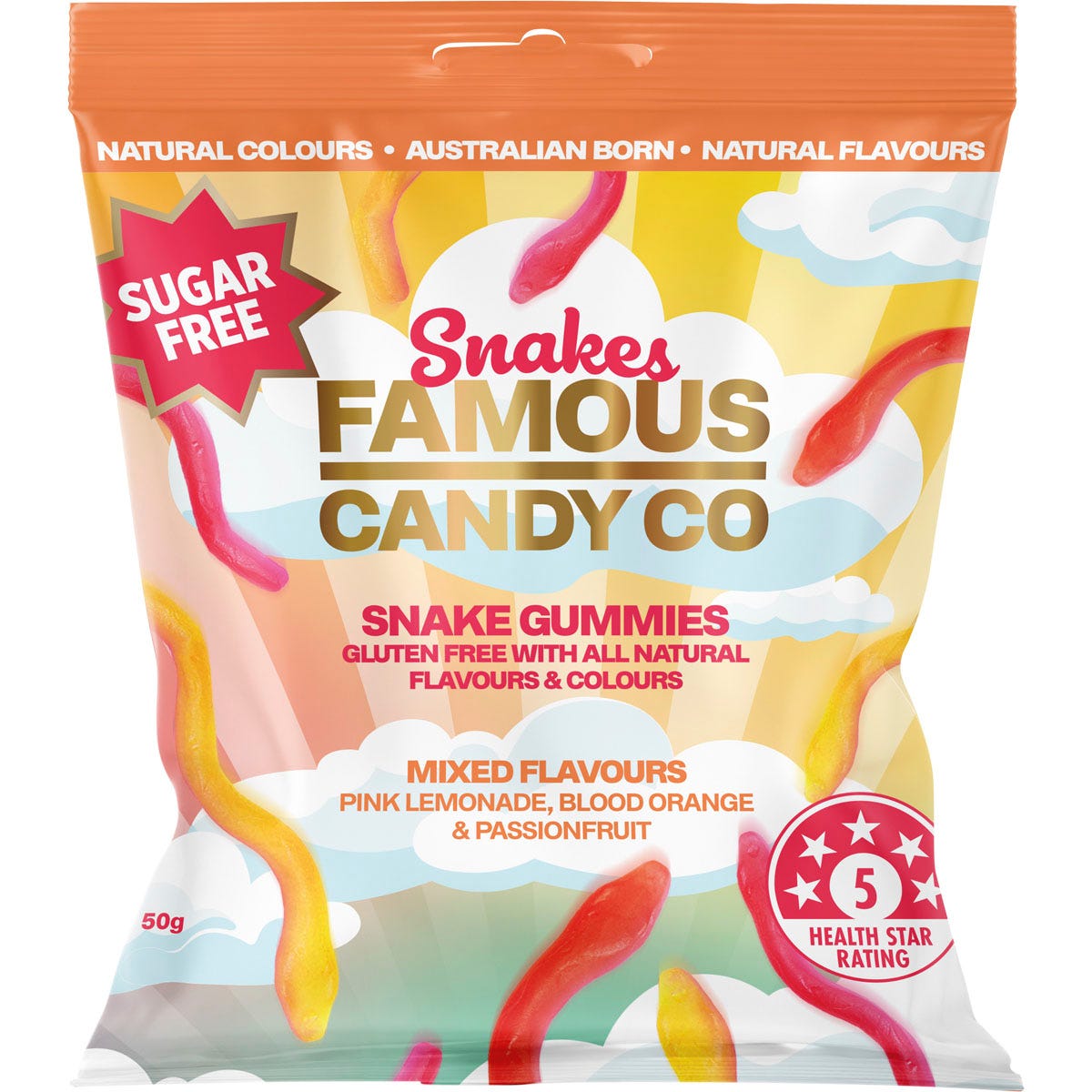 Famous Sugar Free Candy Snake Gummies Mixed Flavours 10x50g - Famous