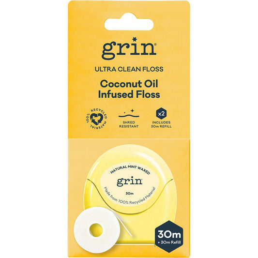 Grin Ultra Clean Floss Coconut Oil Infused 30m + Refill 8x2pk - Grin