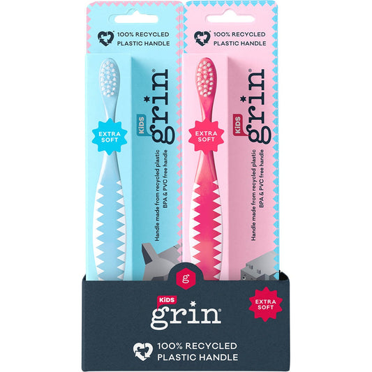 Grin 100% Recycled Toothbrush Kids Extra Soft Pink, Blue x8 - Grin