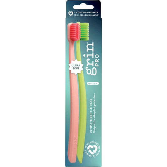Grin Pro Ultimate Gentle Toothbrush Ultra Soft Pink, Green 8x2pk - Grin