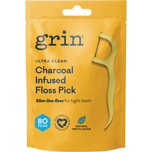 Grin Ultra Clean Floss Picks Charcoal Infused 80pk - Grin