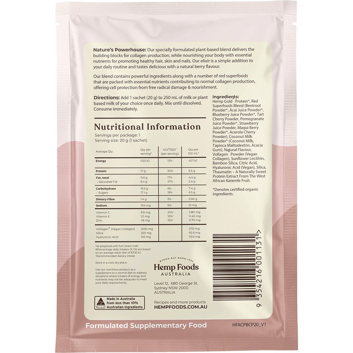 Hemp Foods Australia Plant-Based Collagen+ Berry 7x20g - Hemp Foods Australia