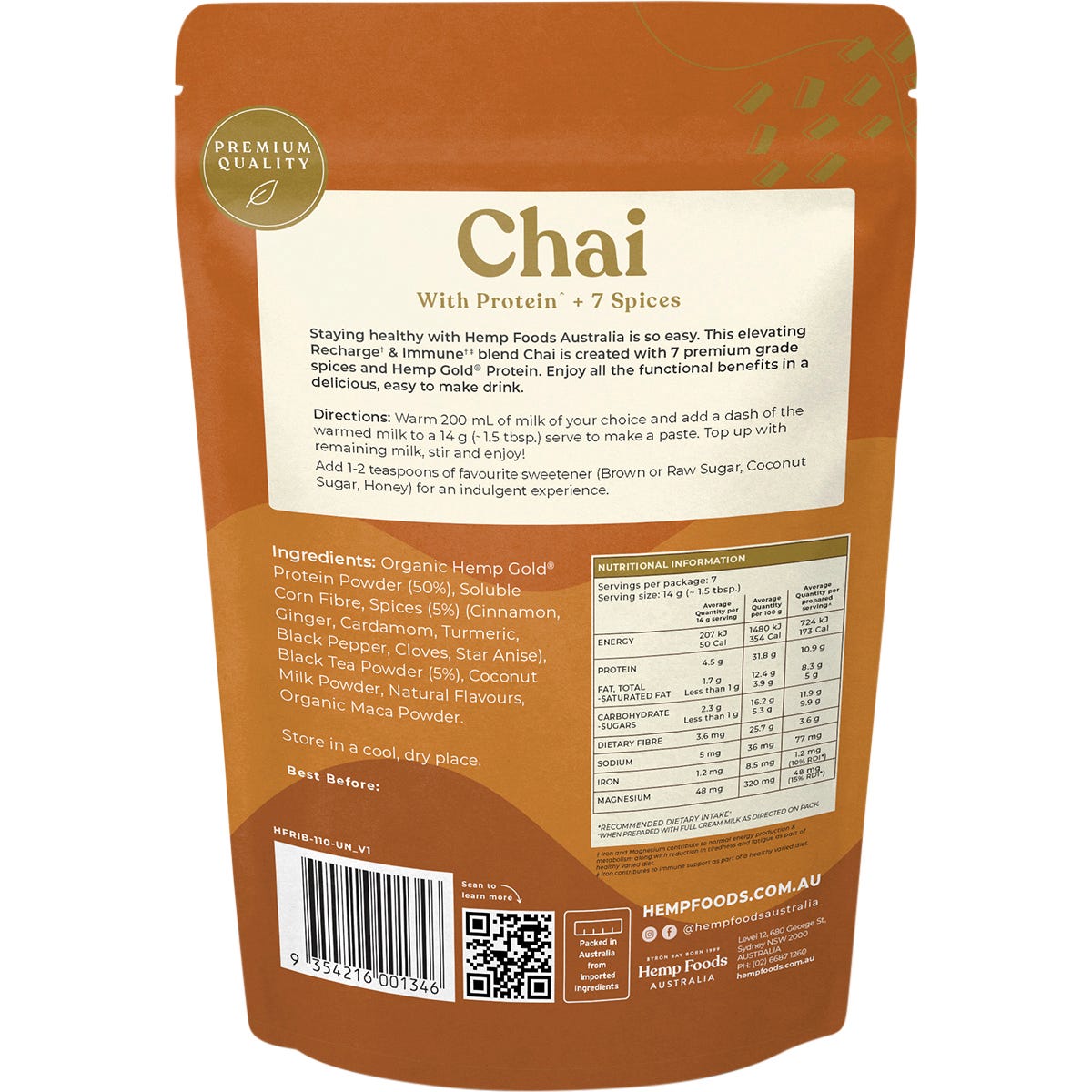 Hemp Foods Australia Chai Recharge & Immunity 100g - Hemp Foods Australia