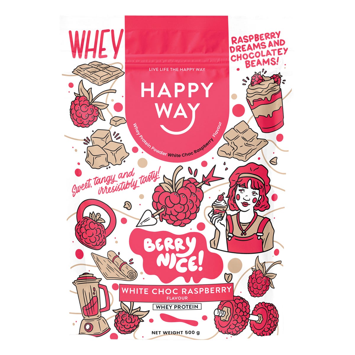Happy Way Whey Protein Powder White Choc Raspberry 500g - Happy Way