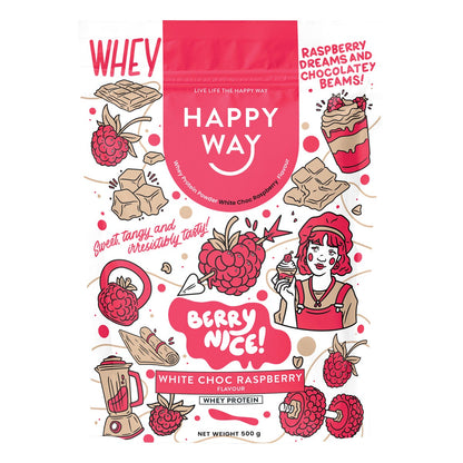 Happy Way Whey Protein Powder White Choc Raspberry 500g - Happy Way
