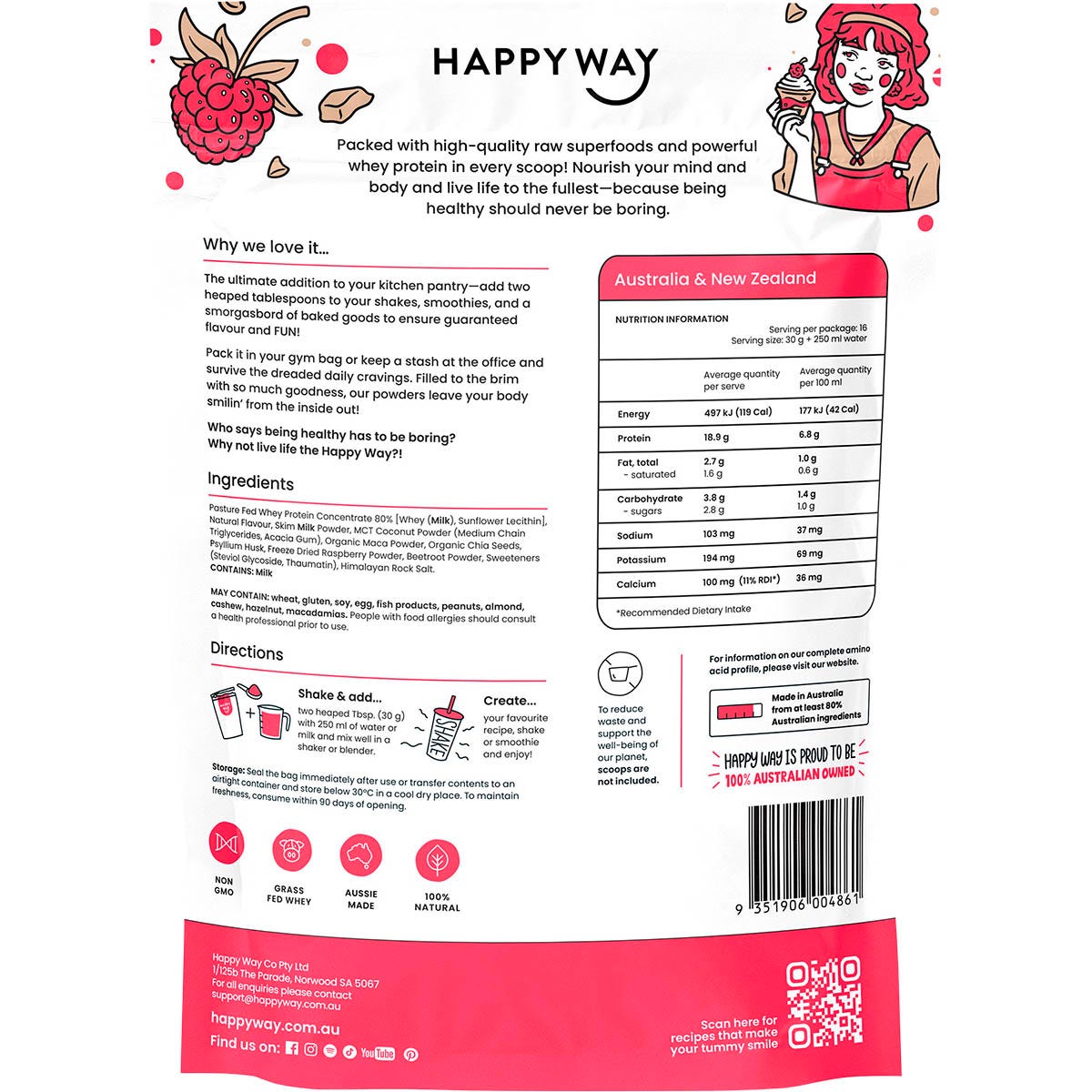 Happy Way Whey Protein Powder White Choc Raspberry 500g - Happy Way