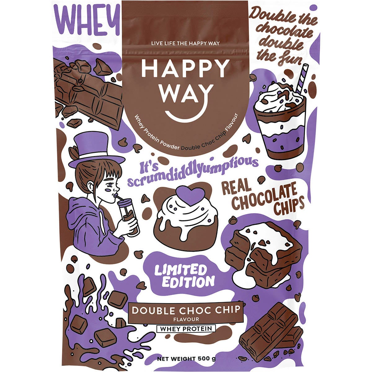 Happy Way Whey Protein Powder Double Choc Chip 500g - Happy Way
