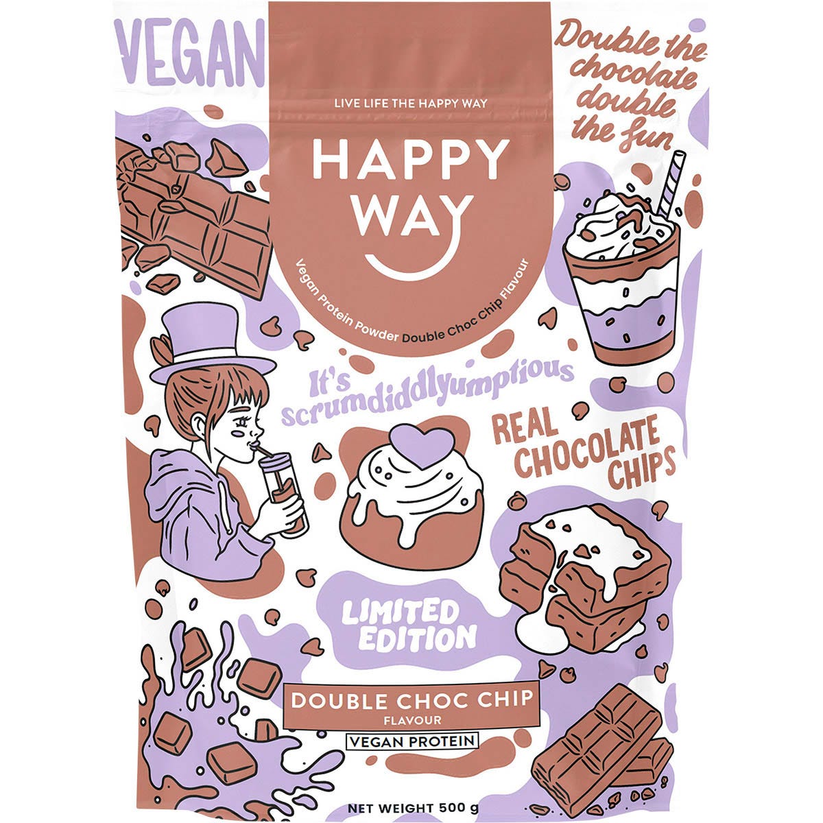 Happy Way Vegan Protein Powder Double Choc Chip 500g - Happy Way