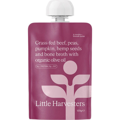 Little Harvesters Grass-fed Beef, Peas, Pumpkin,Hemp Seeds & Bone Broth 6x120g - Little Harvesters