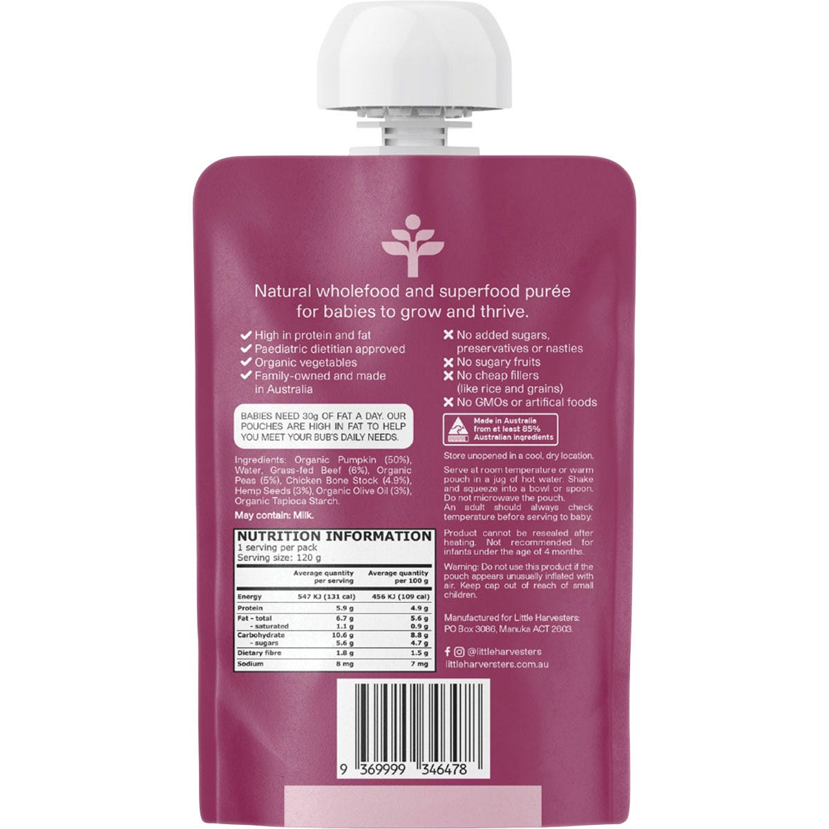 Little Harvesters Grass-fed Beef, Peas, Pumpkin,Hemp Seeds & Bone Broth 6x120g - Little Harvesters