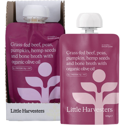 Little Harvesters Grass-fed Beef, Peas, Pumpkin,Hemp Seeds & Bone Broth 6x120g - Little Harvesters