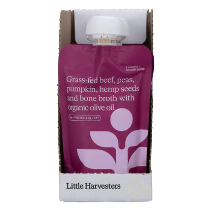 Little Harvesters Grass-fed Beef, Peas, Pumpkin,Hemp Seeds & Bone Broth 6x120g - Little Harvesters