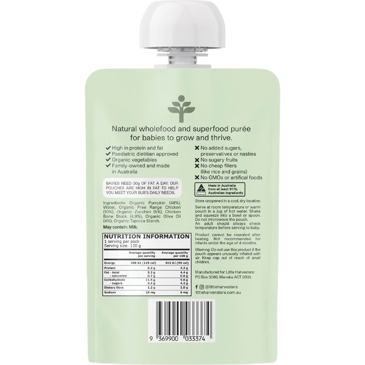Little Harvesters Free-range Chicken, Pumpkin, Zucchini & Bone Broth 6x120g - Little Harvesters