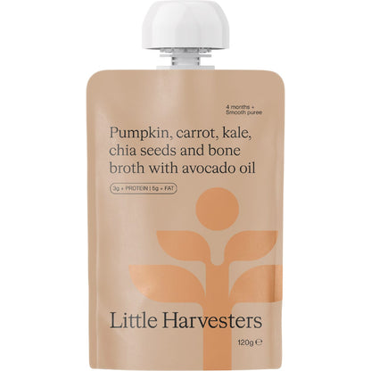 Little Harvesters Pumpkin, Carrot, Kale, Chia Seed & Bone Broth 6x120g - Little Harvesters
