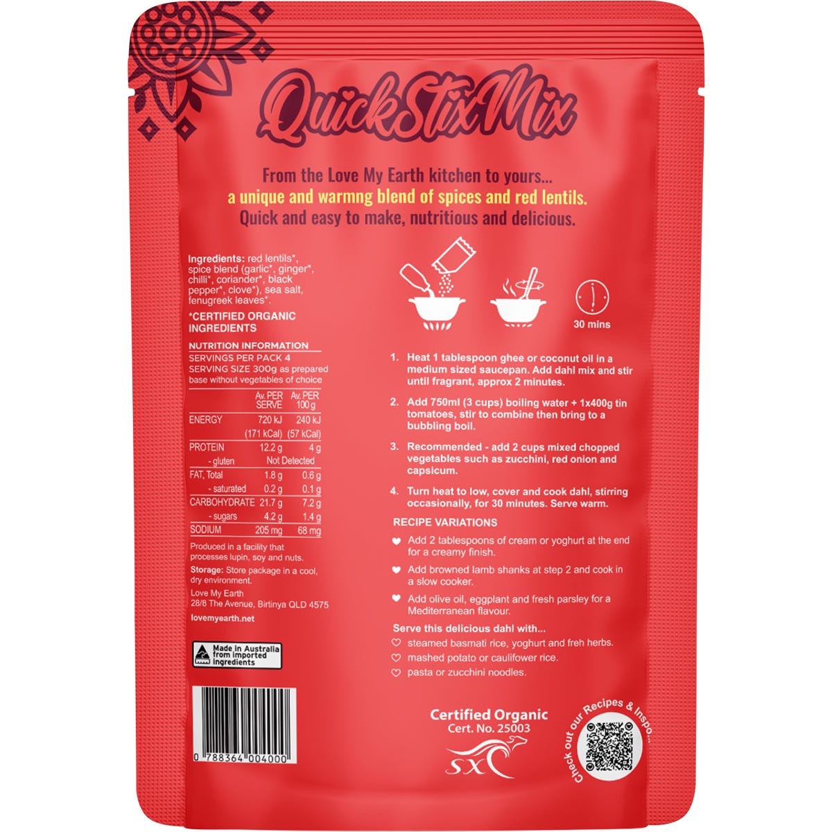 Love My Earth Quick Stix Mix Organic Dahl Bombay Tomato 200g - Love My Earth