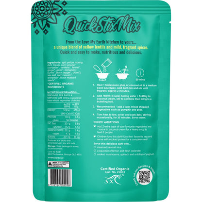 Love My Earth Quick Stix Mix Organic Dahl Creamy Coconut 200g - Love My Earth