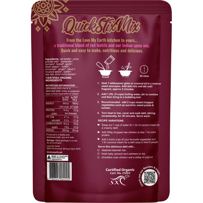 Love My Earth Quick Stix Mix Organic Dahl Indian Masala 200g - Love My Earth