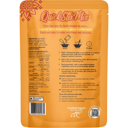 Love My Earth Quick Stix Mix Organic Dahl Zesty Turmeric 200g - Love My Earth