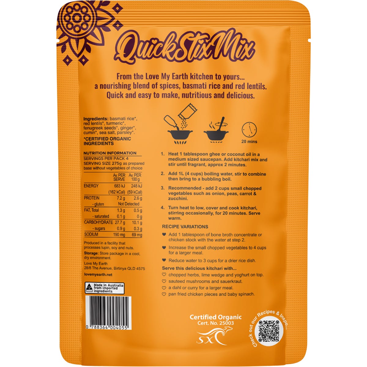 Love My Earth Quick Stix Mix Organic Turmeric Kitchari 200g - Love My Earth