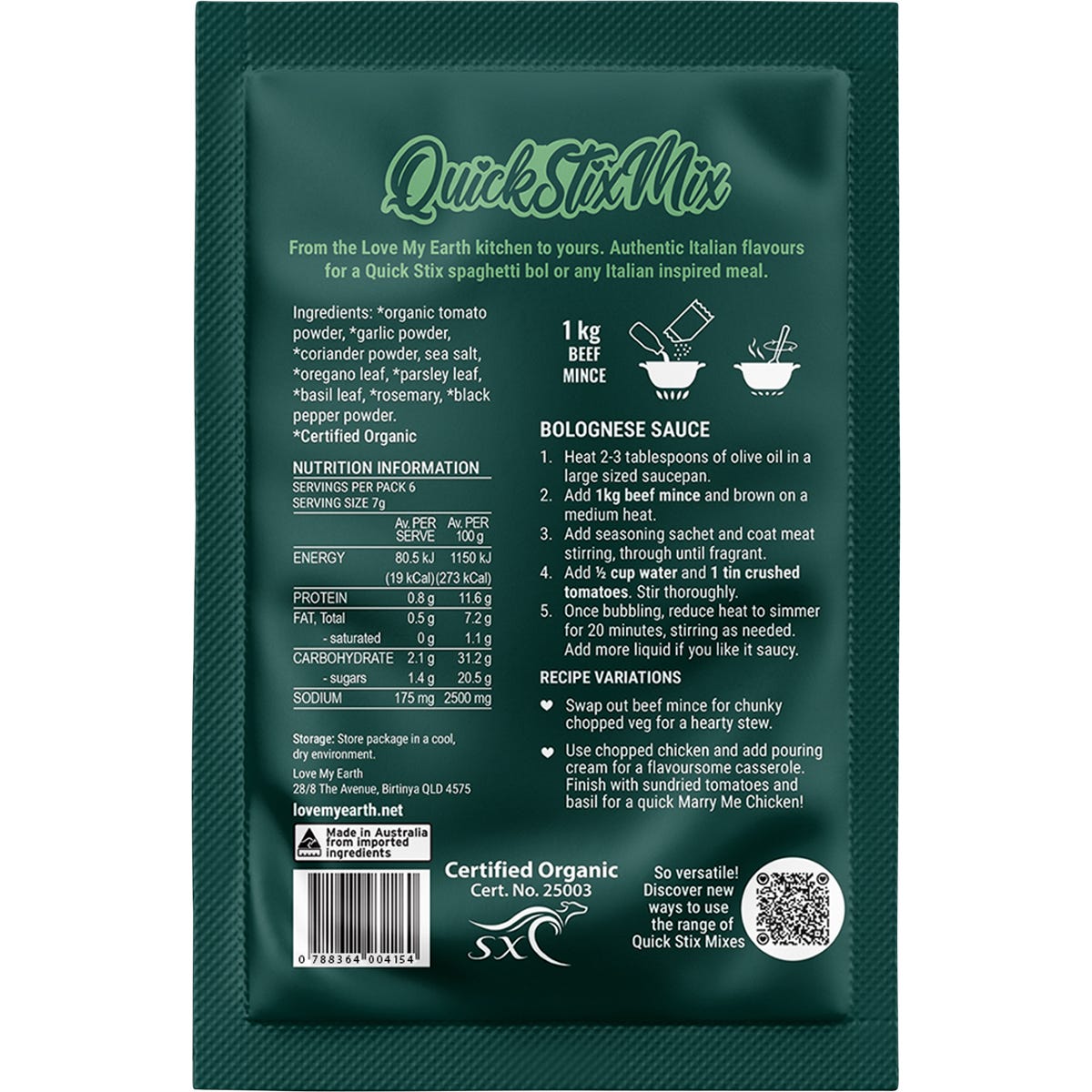 Love My Earth Quick Stix Mix Organic Recipe Base Bolognese 10x45g - Love My Earth