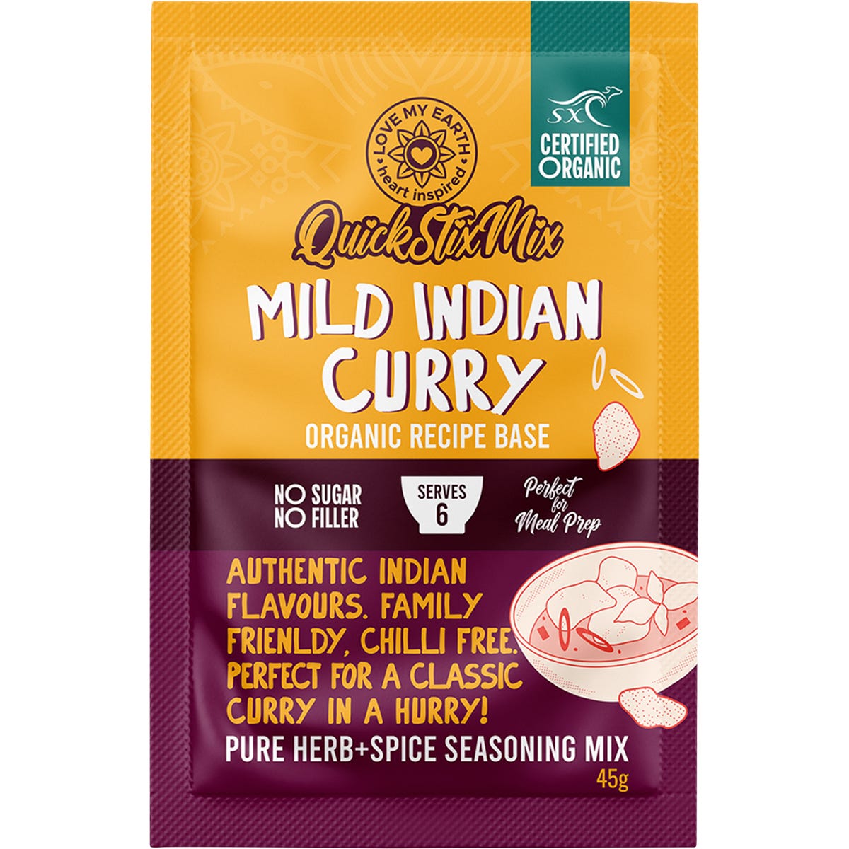Love My Earth Quick Stix Mix Organic Recipe Base Mild Indian Curry 10x45g - Love My Earth