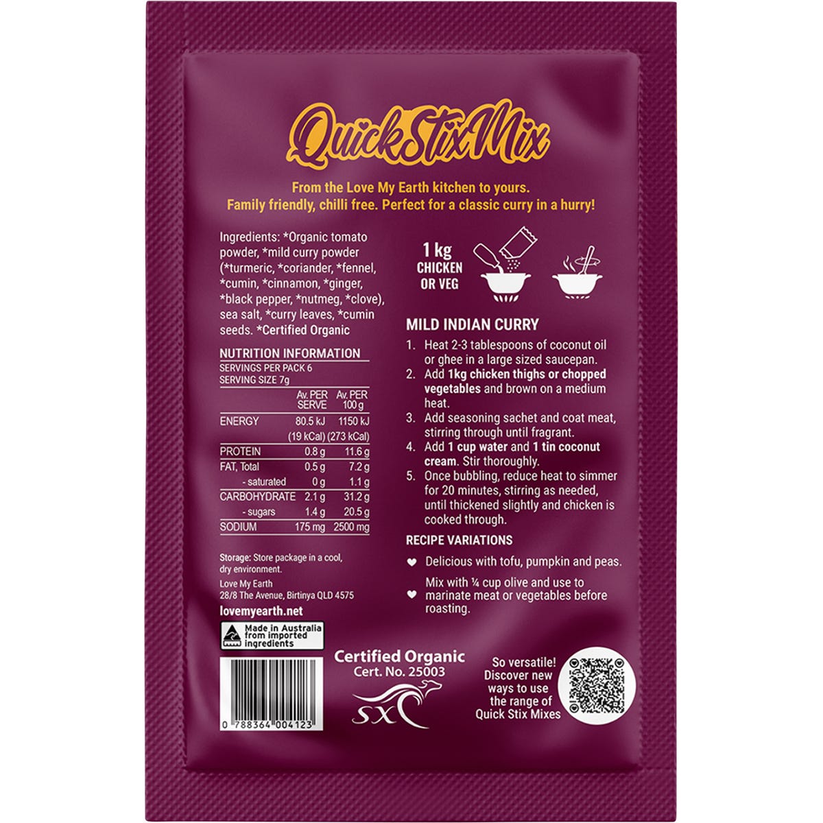 Love My Earth Quick Stix Mix Organic Recipe Base Mild Indian Curry 10x45g - Love My Earth