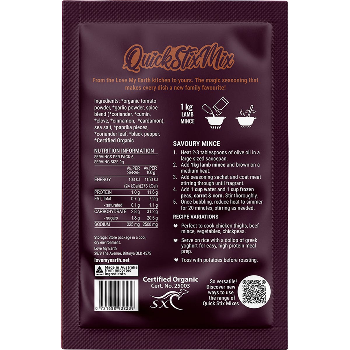 Love My Earth Quick Stix Mix Organic Recipe Base Savoury Mince 10x55g - Love My Earth