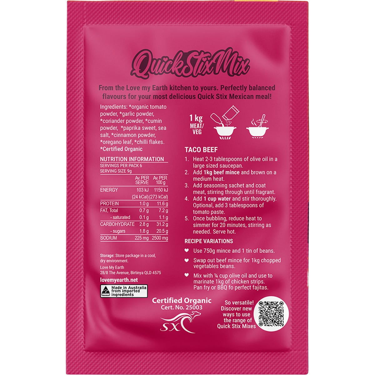 Love My Earth Quick Stix Mix Organic Recipe Base Taco 10x55g - Love My Earth