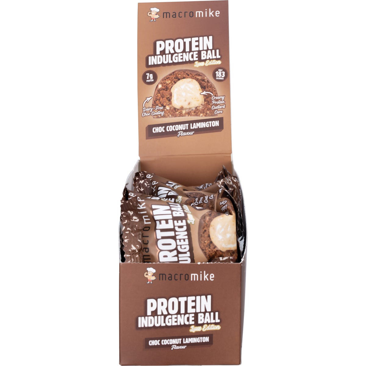 MACRO MIKE Protein Indulgence Ball Choc Coconut Lamington 12x40g - MACRO MIKE