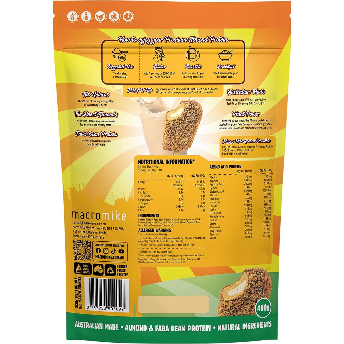 MACRO MIKE Premium Almond Protein Golden Gaytime 400g - MACRO MIKE