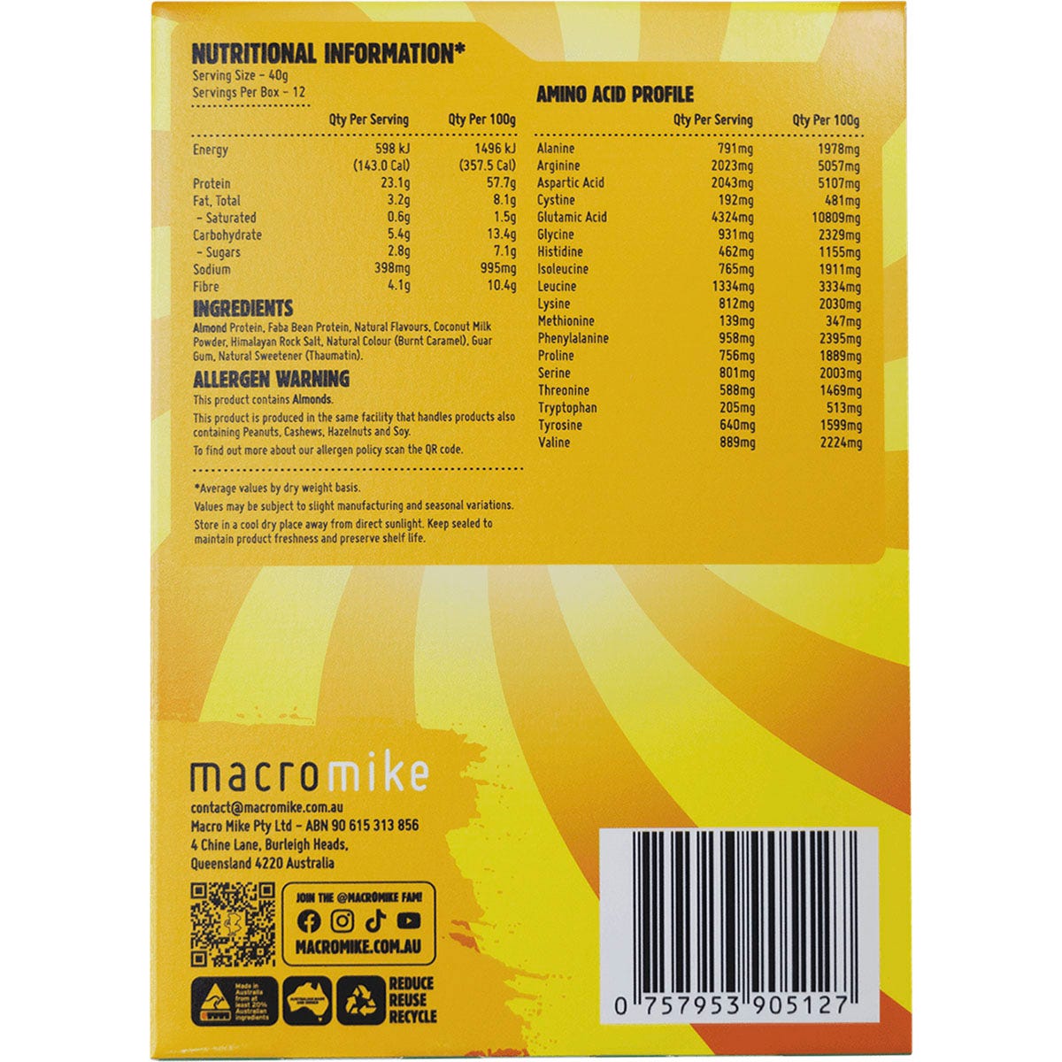 MACRO MIKE Premium Almond Protein Golden Gaytime 12x40g - MACRO MIKE