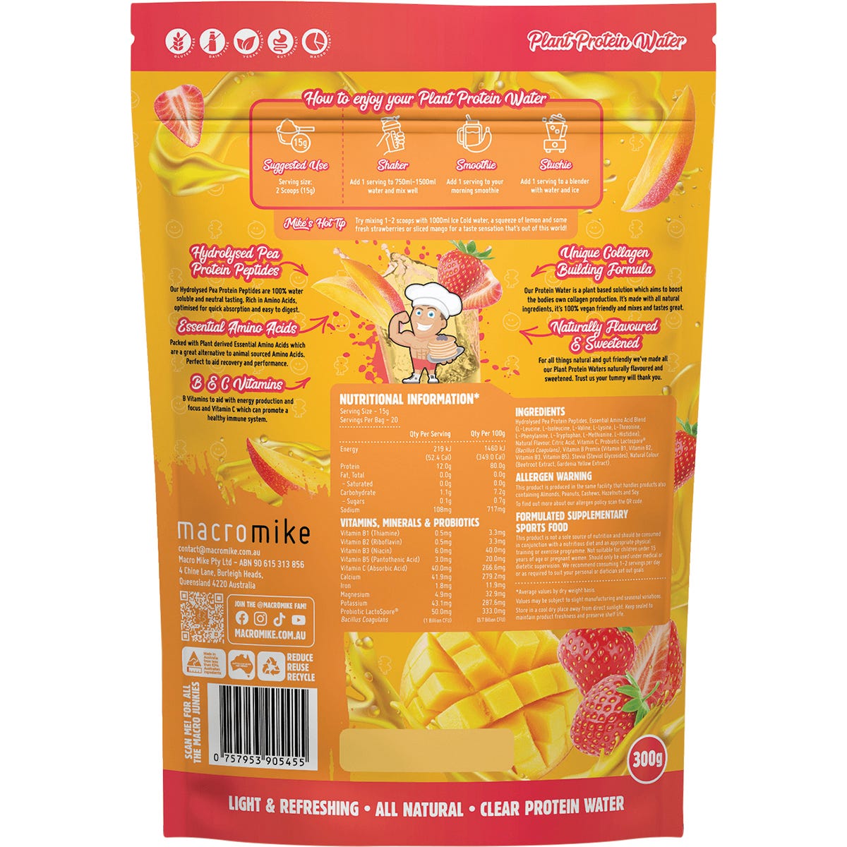 MACRO MIKE Plant Protein Water Strawberry Mango 300g - MACRO MIKE