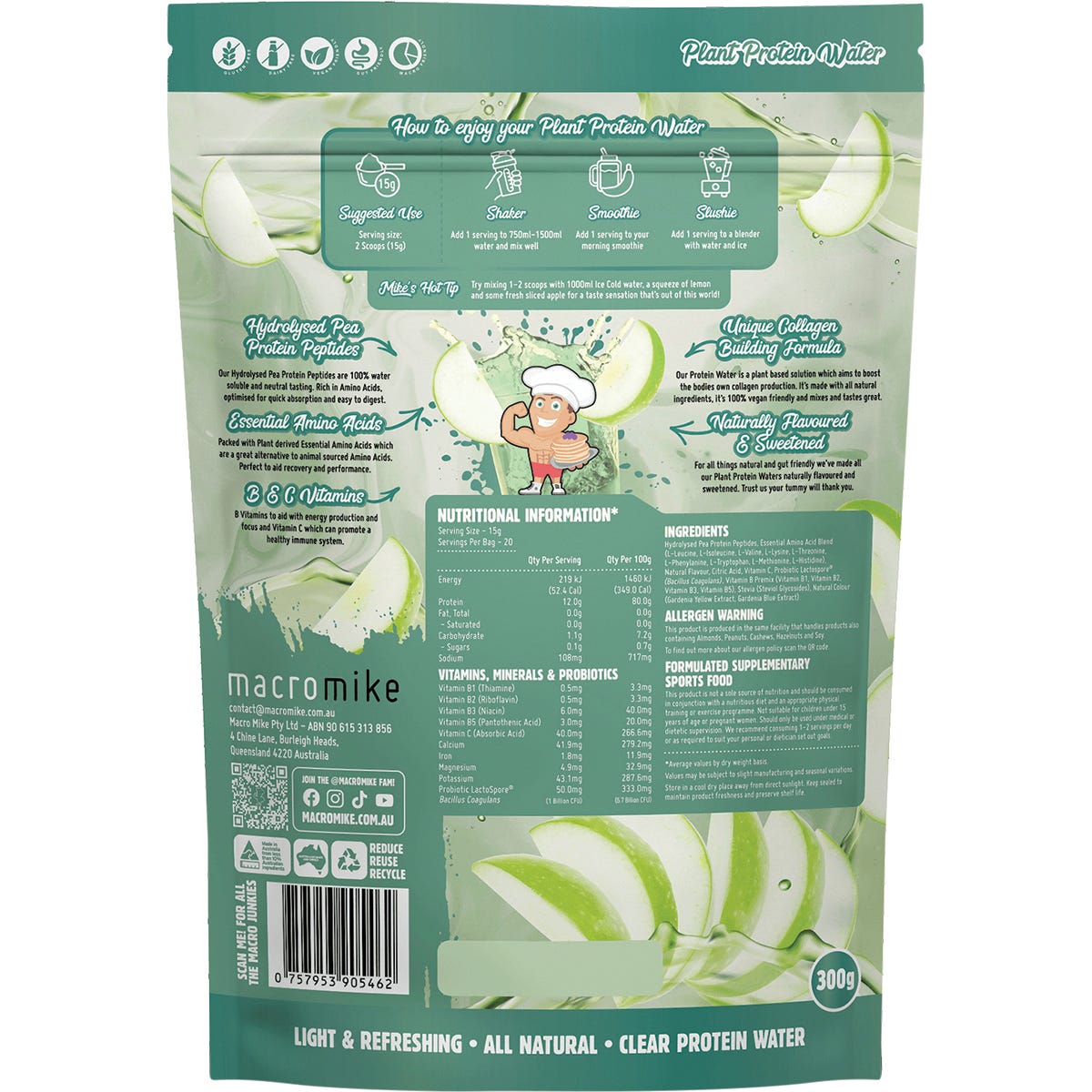 MACRO MIKE Plant Protein Water Green Apple 300g - MACRO MIKE