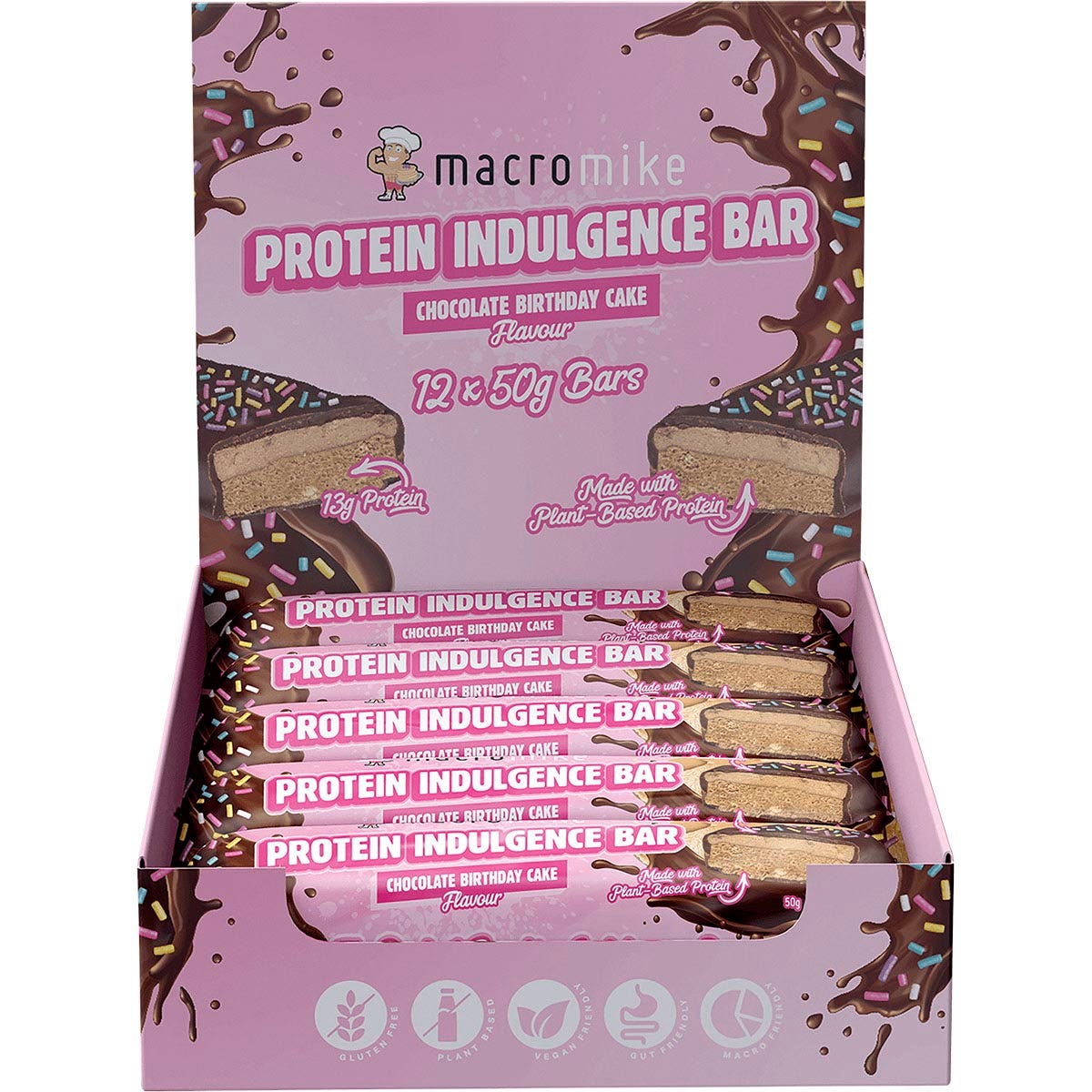 MACRO MIKE Protein Indulgence Bar Chocolate Birthday Cake 12x50g - MACRO MIKE
