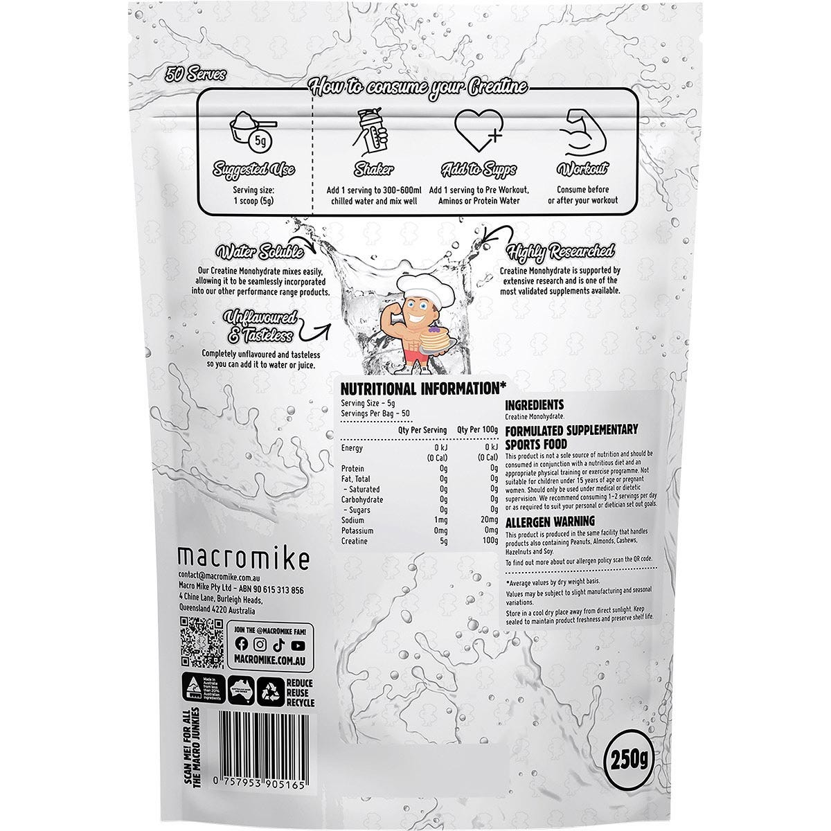 MACRO MIKE Plant Based Creatine Monohydrate Unflavoured 250g - MACRO MIKE