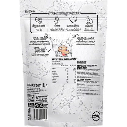 MACRO MIKE Plant Based Creatine Monohydrate Unflavoured 250g - MACRO MIKE
