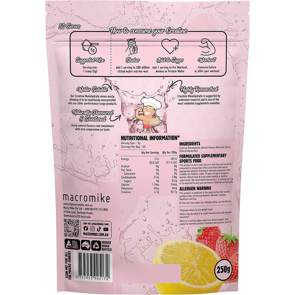 MACRO MIKE Plant Based Creatine Monohydrate Strawberry Lemonade 250g - MACRO MIKE