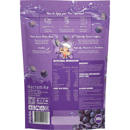MACRO MIKE Plant Based Pre Workout Juicy Grape Fizz 300g - MACRO MIKE