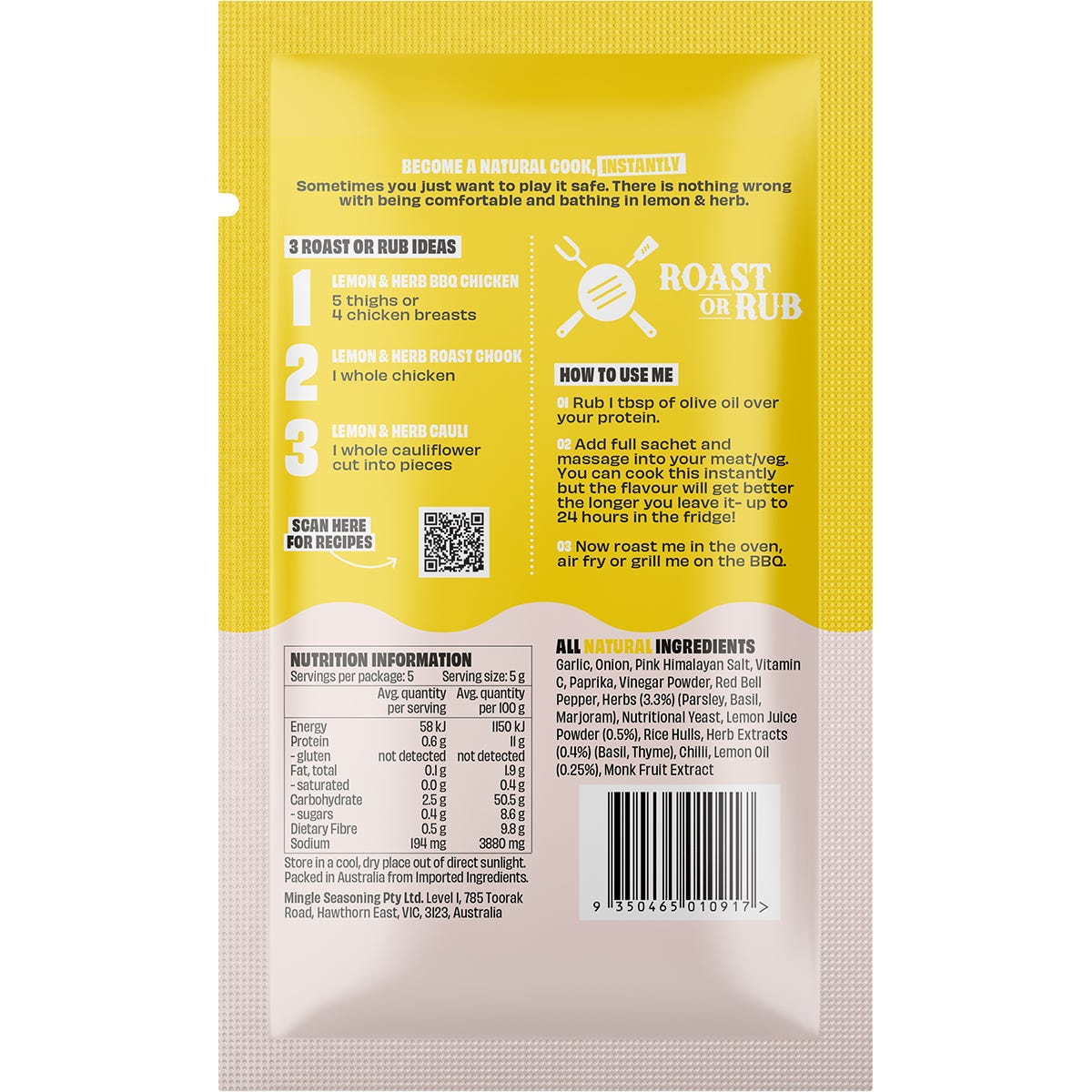 Mingle Lemon & Herb BBQ Roast Or Rub All Natural Seasoning 12x25g - Mingle